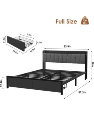 Bed Frame with a Functional Storage Headboard, Industrial Full Platform Bed with 2 Large Drawers Plus a Charging Station
