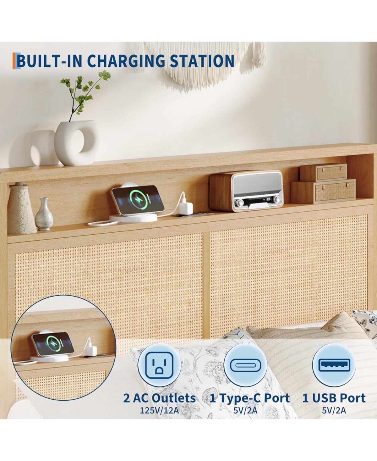 gaomon Rattan Bed Frame with Led Lights, Boho Wood Bed Frame with Storage Headboard & Charging Station, Silent Slats