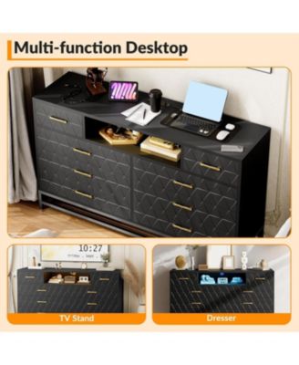 8 Drawer Dresser for Bedroom, Pink Dresser with Led Light, 55 in Tv Stand Dressers with Power Outlet, Large Dressers Bedroom with Deep Drawers,