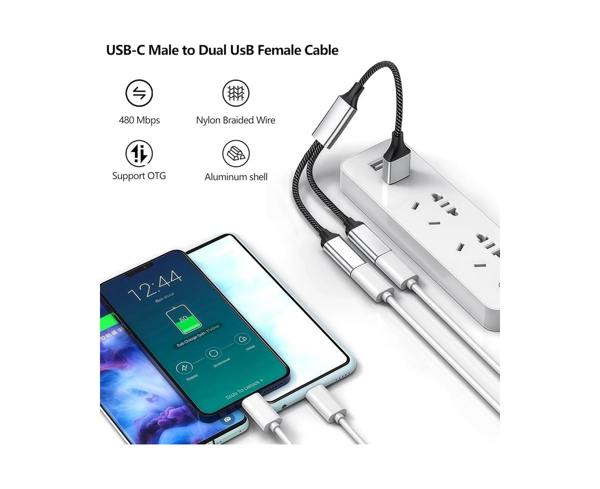 Risokeys Usb C to Dual Usb A Adapter, 480Mbps Data Transfer,Aluminum Hub for Laptop/Car/Phone, Ideal for Commuters