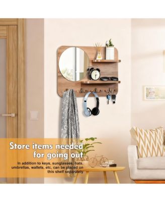 Oak Wood Key Rack with Mirror, Hooks, and Shelves for Home Decor