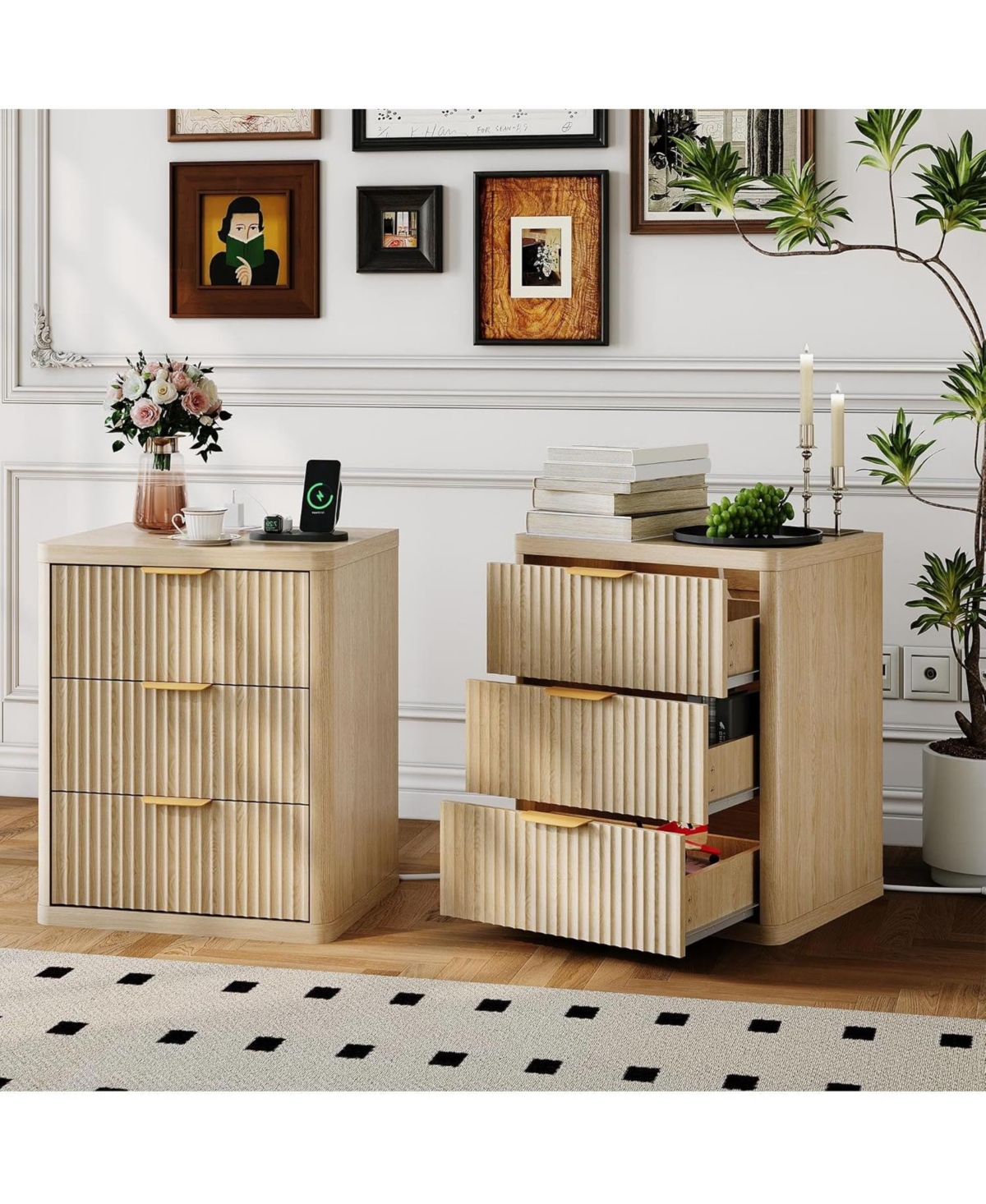 gaomon Fluted Nightstand Set of 2,Mid Century Bedside Table,Wooden End Table,Farmhouse Night Stand with 3 Drawer