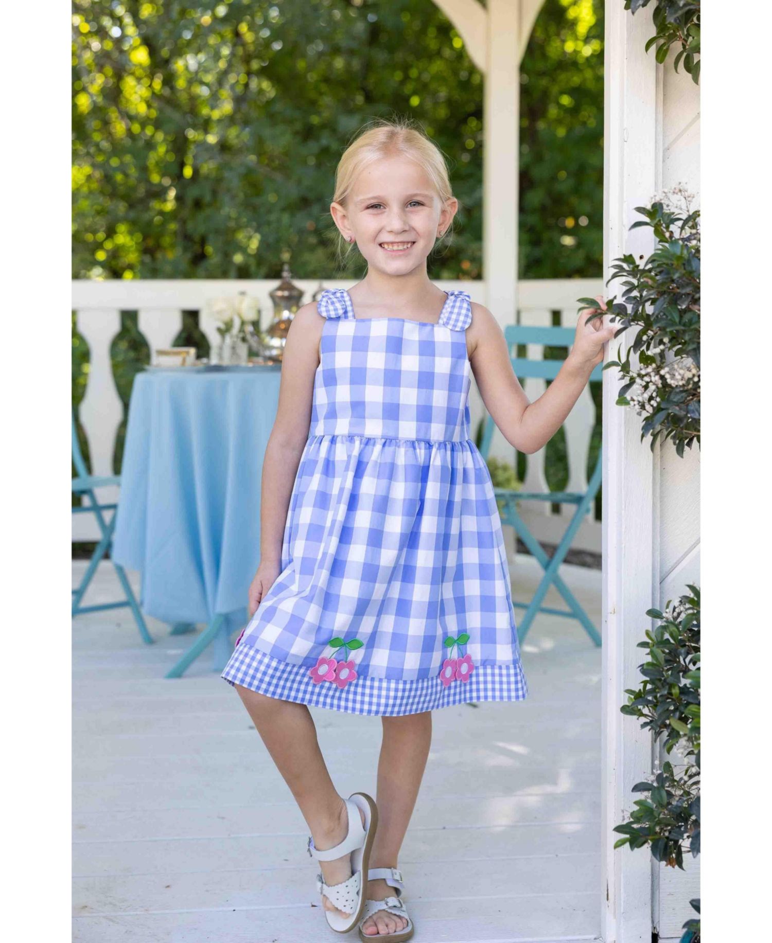 Big Girls Gingham Dress With Flower Cherries