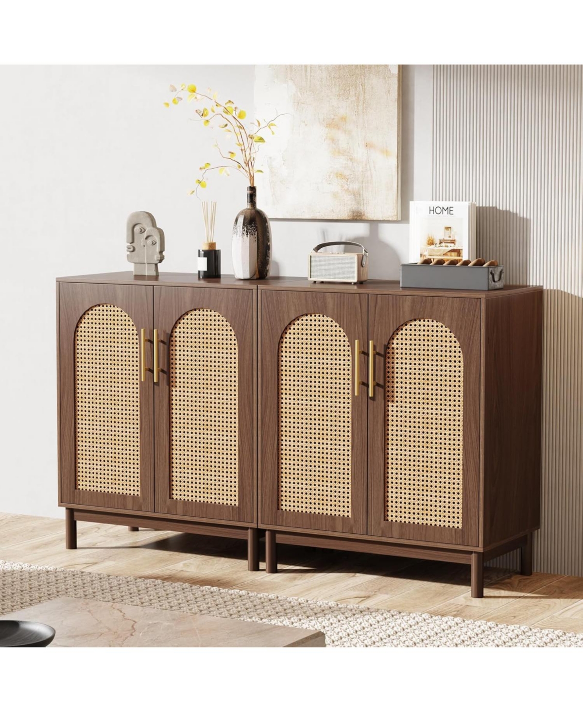 Tribesigns Set of 2 Rattan Sideboard Buffet with Storage, 59 Inch Accent Cabinet with Doors, Storage Cabinet for Dining Room, Living Room, Kitchen