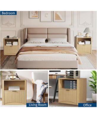 Fluted Farmhouse Night Stand with Charging Station, 23" Mid-Century Modern Nightstand