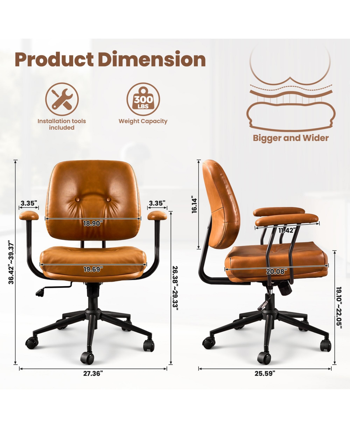 Xizzi Ergonomic Mid Back Swivel Office Chair, Extra Wide Comfy Desk Chair with Lumbar Support, Height Adjustable Home Task