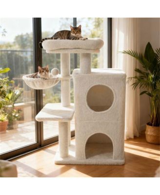 Cat Tree with 2-Tier Cat Condo, 33.5-Inch Multi-Level Tower with Sisal Scratching Posts & Anti-Toppling Device, Beige