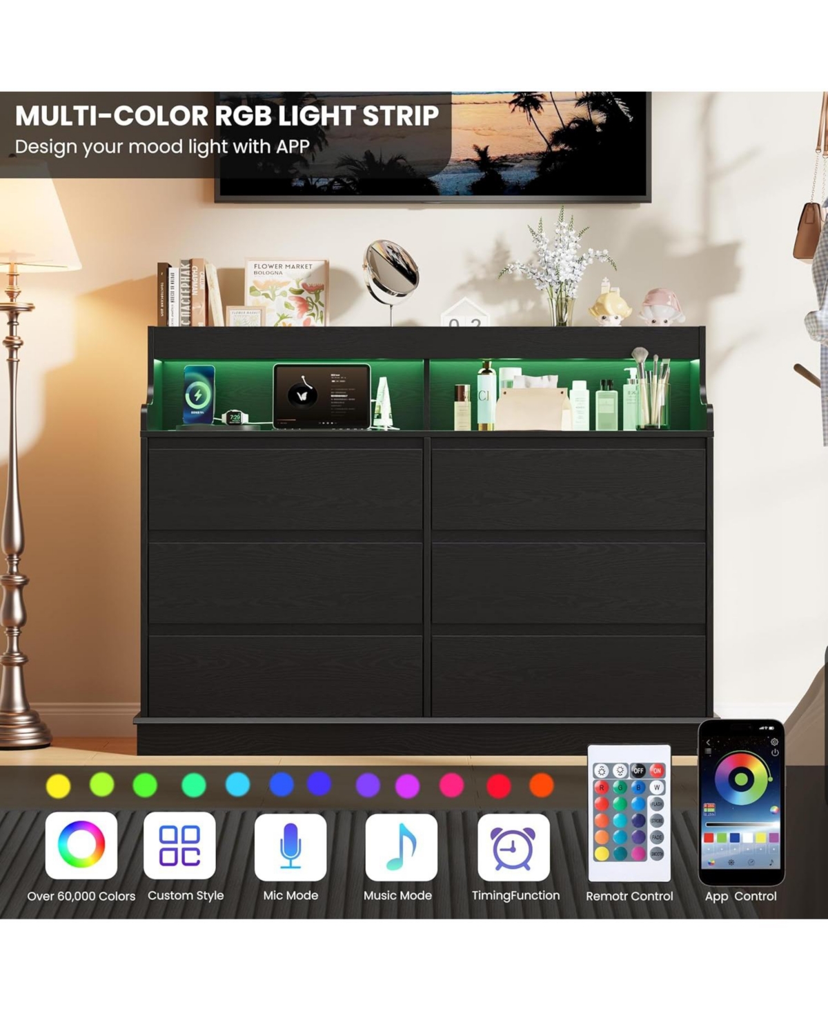 gaomon 6 Drawer Dresser for Bedroom with Led Lights & Charging Station, 51.2" Wide Dresser with Open Shelf