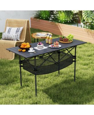 Folding Patio Camping Table with Roll-Up Top and Mesh Storage Basket, Portable