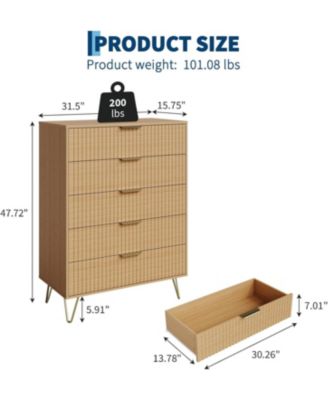 Fluted Dresser for Bedroom with 5 Drawers,32" Wide Modern Chest of Wooden Bedroom Chest