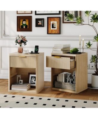 Fluted Nightstand Set of 2,Mid Century Bedside Table,Wooden End Table,Farmhouse Night Stand with 1 Drawer,Open Shelf