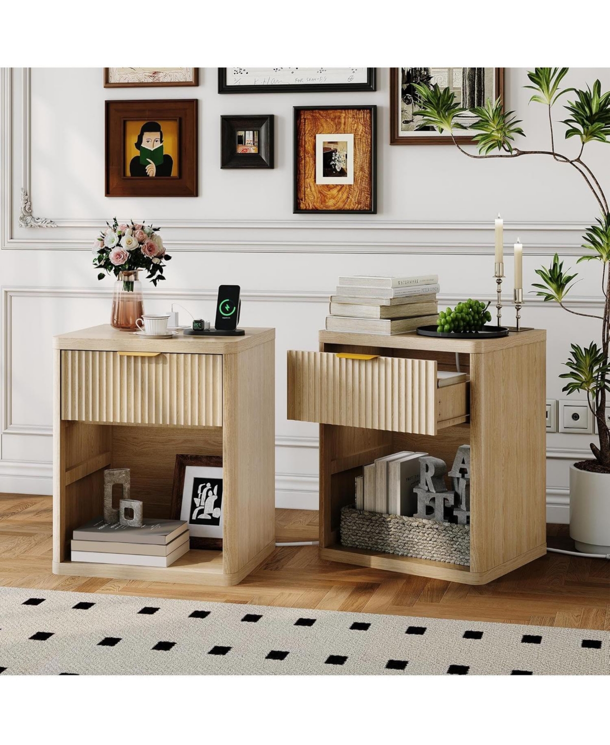 gaomon Fluted Nightstand Set of 2,Mid Century Bedside Table,Wooden End Table,Farmhouse Night Stand with 1 Drawer,Open Shelf - Natural