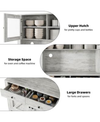 Kitchen Pantry Cabinet with Microwave Shelf,Freestanding Storage Cabinet with Glass Door, Adjustable Shelves and Drawer