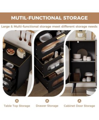 Modern Black Sideboard Cabinet with 3 Spacious Drawers & Fluted Glass Doors for Dining Room, Kitchen, or Living Room Storage