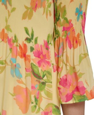 Petite Bell-Sleeve Jewel Neck Pleated Dress