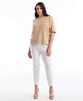 Plus Size Diamond Stitch Elbow-Sleeve Crewneck Sweater