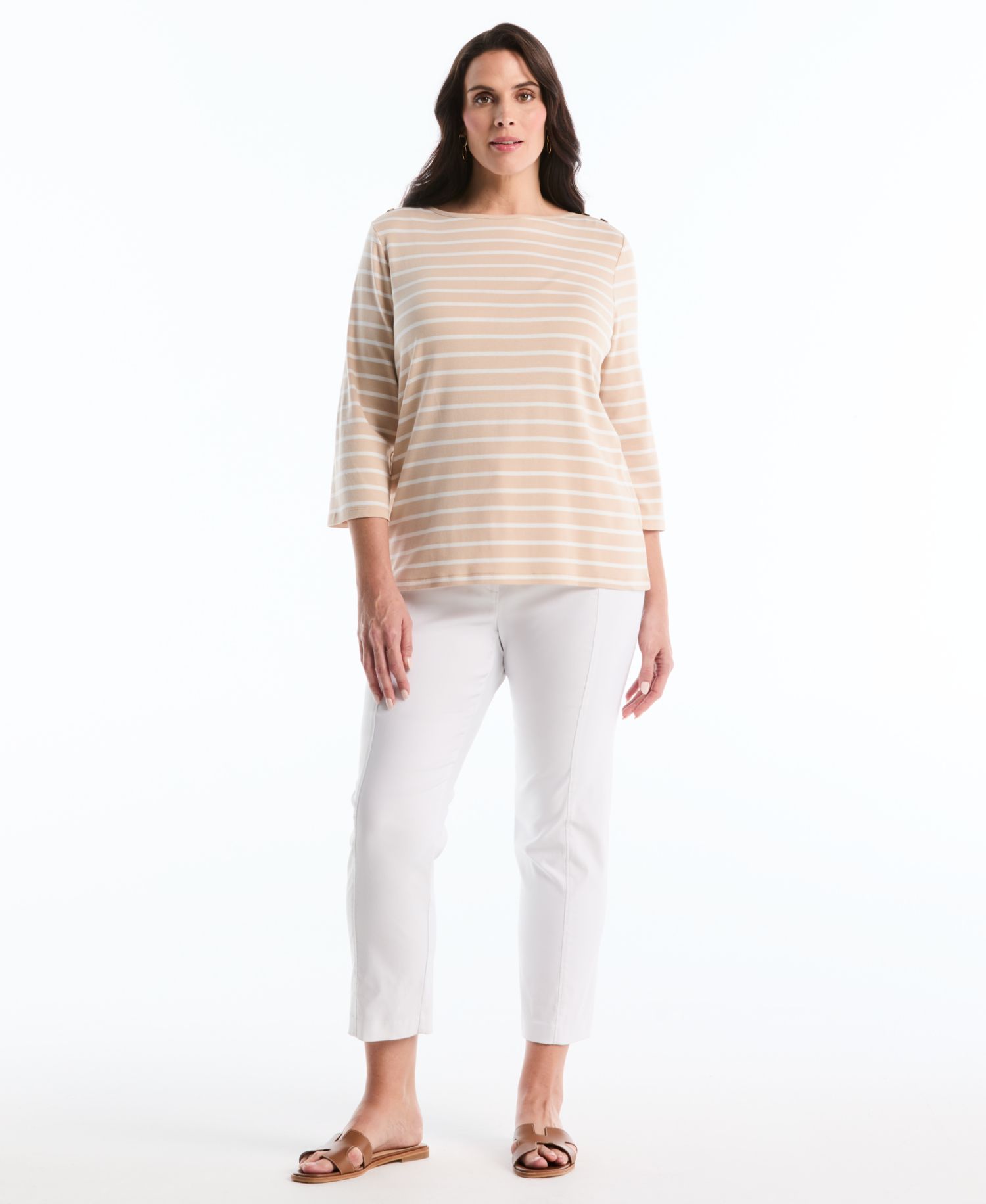 Plus Size Stripe Boat Neck 3/4-Length Sleeve Top