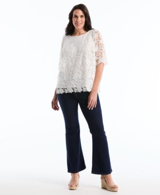 Plus Size Scalloped Elbow-Sleeve Jewel Neck Lace Top