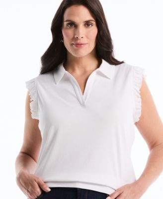 Plus Size Ruffle Sleeveless Collared Polo T-Shirt
