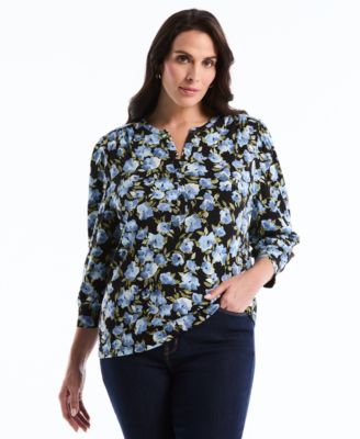 Plus Size Floral Print Shirred 3/4-Length Sleeve Top