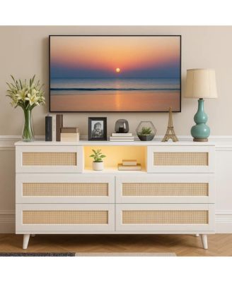 Rattan Wooden Dresser for Bedroom with 6 Drawers,47 Inch Wide Modern Dresser with Charging Station & LED Lights,Open Shelves,LivingBedroom