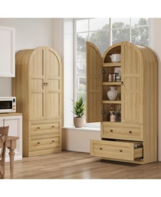 72" Tall Dome Bookcase with Drawers, 4-Tier Wooden Bookshelf Storage Cabinet with Door, Farmhouse Arched Cabinet with Storage