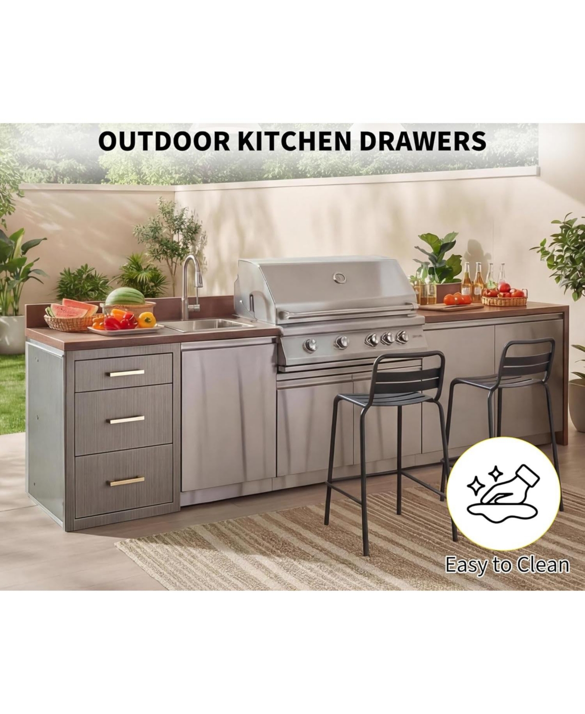 gaomon Outdoor Kitchen Drawers 17" W x 20" H x 20" D, Flush Mount Triple Bbq Drawers with Stainless Steel Handle for Outdoor