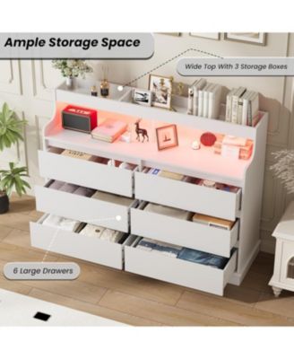Dresser for Bedroom, 6 Drawer Dresser with LED Lights and Charging Station, Wide Chest of 6 Drawers with Open Space