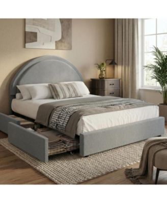 Queen Bed Frame with Storage Drawers, Boucle Upholstered Platform, Round Headboard, Heavy-Duty, Noise-Free, No Box Spring