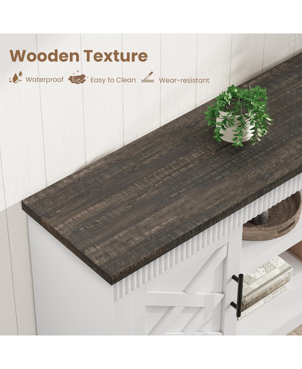 gaomon Farmhouse Tv Stand for 70/75 in TVs, 65 in Long Entertainment Center w/ 2 Door &Open Storage Shelf, Rustic Fluted Television Consoles Stands