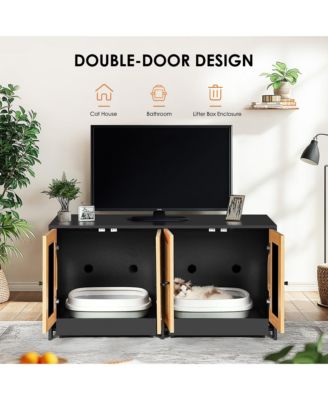 double cat litter box enclosure with rattan doors and pull out tray
