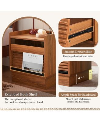 Wooden Nightstand with Charging Station and LED lights, Mid Century Modern Bedside Table with 2 Drawers for Bedroom and Living Room (Yellow)