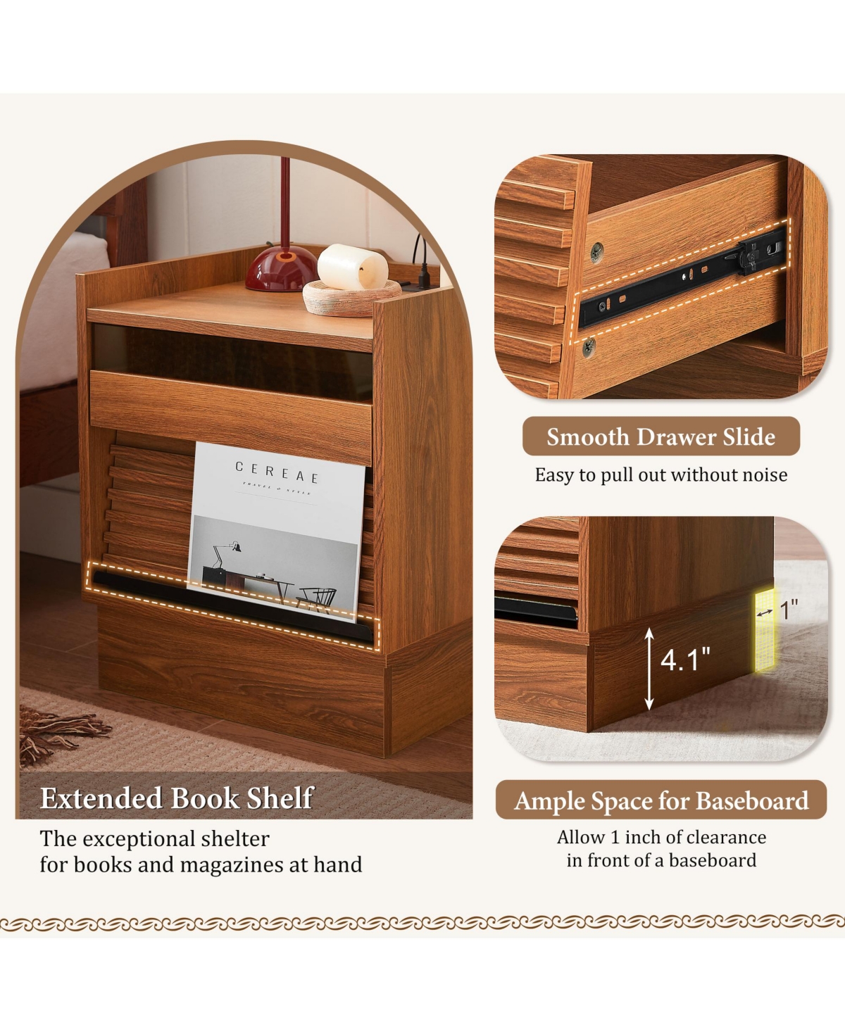Rainsken Wooden Nightstand with Charging Station and Led lights, Mid Century Modern Bedside Table with 2 Drawers for Bedroom and Living Room (Yellow)