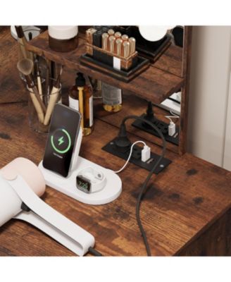 corner vanity desk with mirror, lights, stool, 3 color lighting & power outlet.