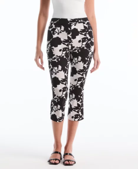 Petite Floral Print Capri Pants with Riveted Vent - Moonbeam