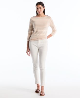Petite Stripe Button Detail Boat Neck Top