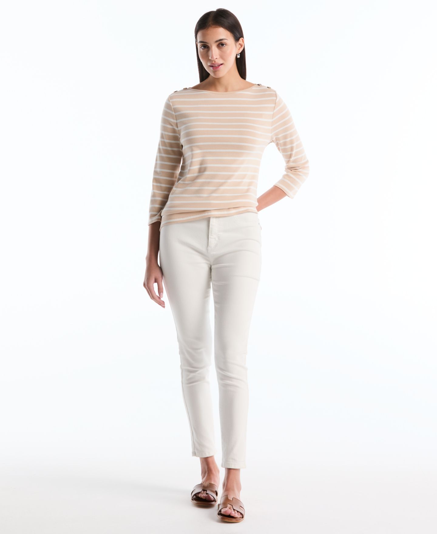 Женский топ Rafaella Petite Stripe Button Detail Boat Neck, цвет: Moonlight — фото 3