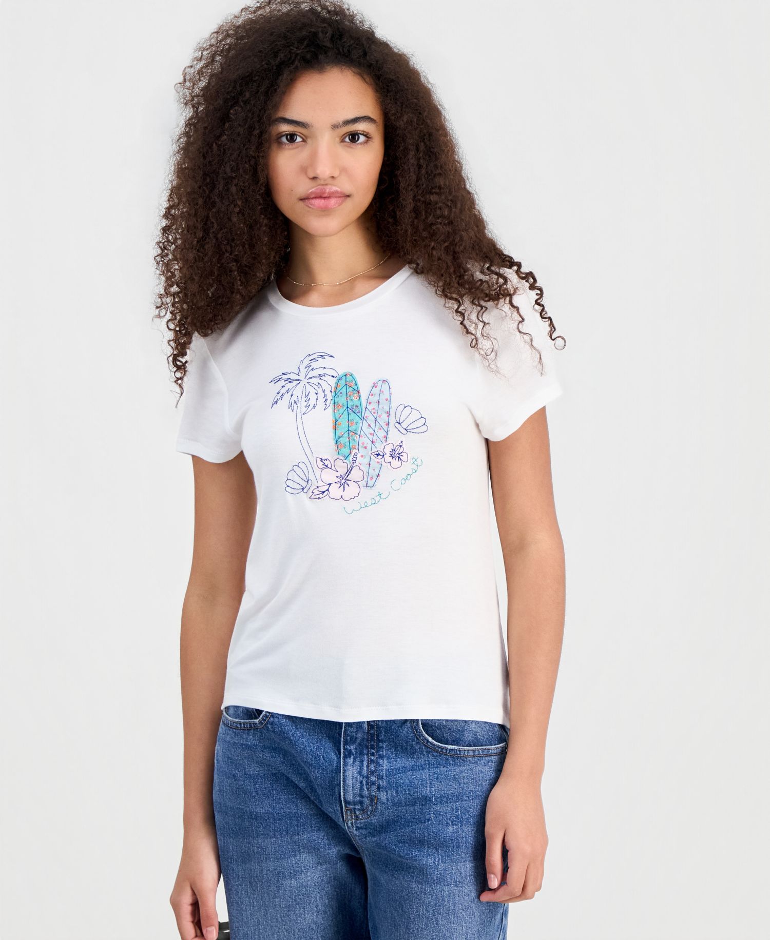 Juniors' Embellished Surfboard Graphic T-Shirt