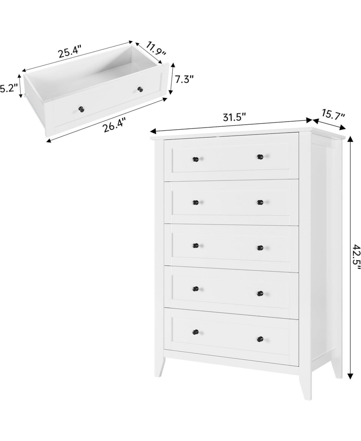 gaomon White 5 Drawer Dresser for Bedroom, Tall Dresser with Deep Drawers & Metal Knobs, Modern Wooden Chests of Drawers for Entryway