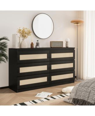 6 Drawer Double Dresser for Bedroom, Rattan Dresser with Smooth Mental Slide, Modern Wood Chest for Closet, Living Room, Hallway
