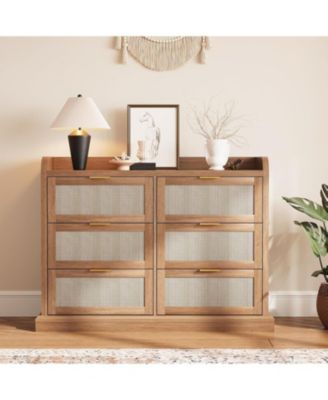 Farmhouse 6 Drawer Dresser, Rattan Chest of Drawers with Spacious Tabletop & Raised Edges, Compact Wood Storage Organizer for Bedrooms