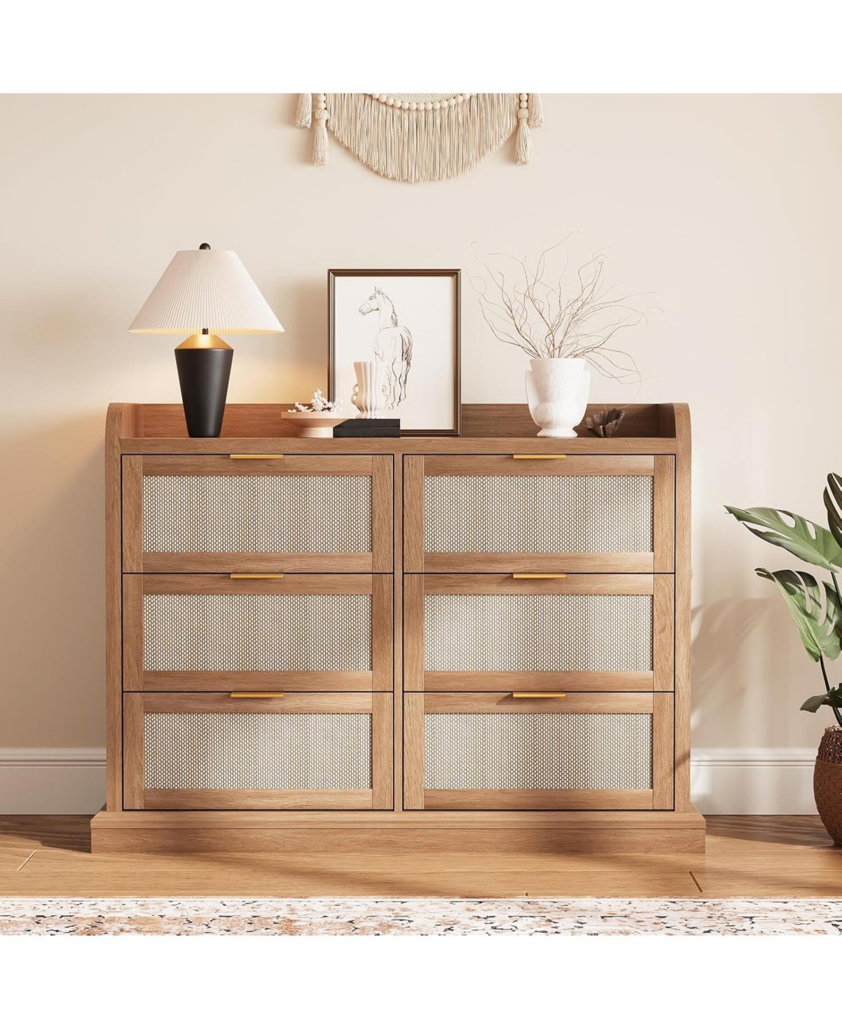 gaomon Farmhouse 6 Drawer Dresser, Rattan Chest of Drawers with Spacious Tabletop & Raised Edges, Compact Wood Storage Organizer for Bedrooms