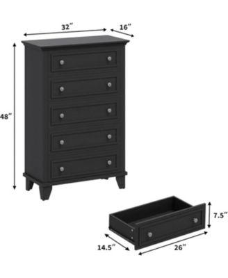 Black 48" Tall 5-Drawer Wooden Dresser, Deep Storage Chest for Bedroom