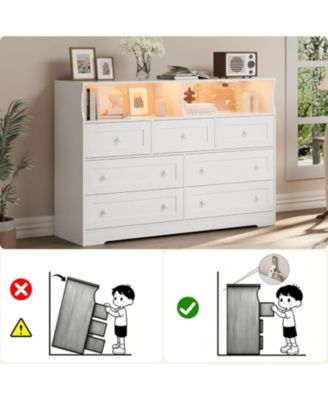 7 Drawer Wooden Dresser with LED Lights, Charging Station & 2 Open Compartments, Freestanding Bedroom Storage Organizer