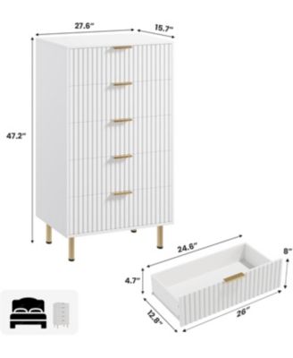 Tall Modern 5 Drawer Fluted Dresser with Deep Storage Drawers & Wide Top Chest