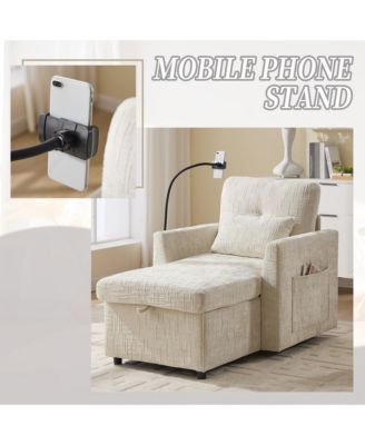 Multifunctional Chenille Sofa with Storage & Cell Phone Bracket, Single Sleeper Chair, Chaise Lounge Chair