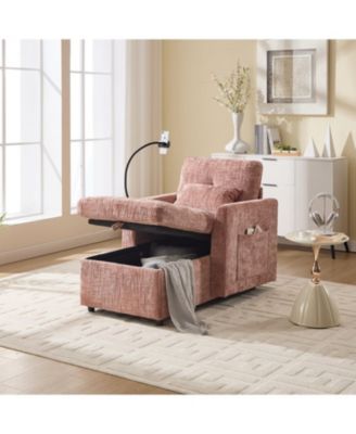 Multifunctional Chenille Sofa with Storage & Cell Phone Bracket, Single Sleeper Chair, Chaise Lounge Chair
