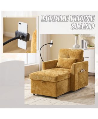 Multifunctional Chenille Sofa with Storage & Cell Phone Bracket, Single Sleeper Chair, Chaise Lounge Chair