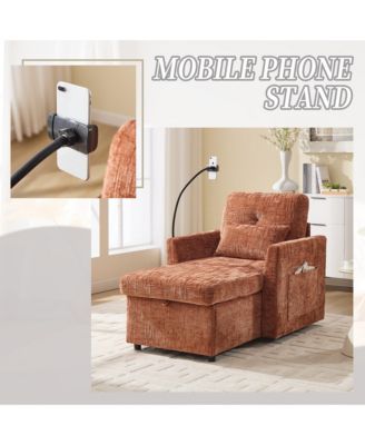 Multifunctional Chenille Sofa with Storage & Cell Phone Bracket, Single Sleeper Chair, Chaise Lounge Chair
