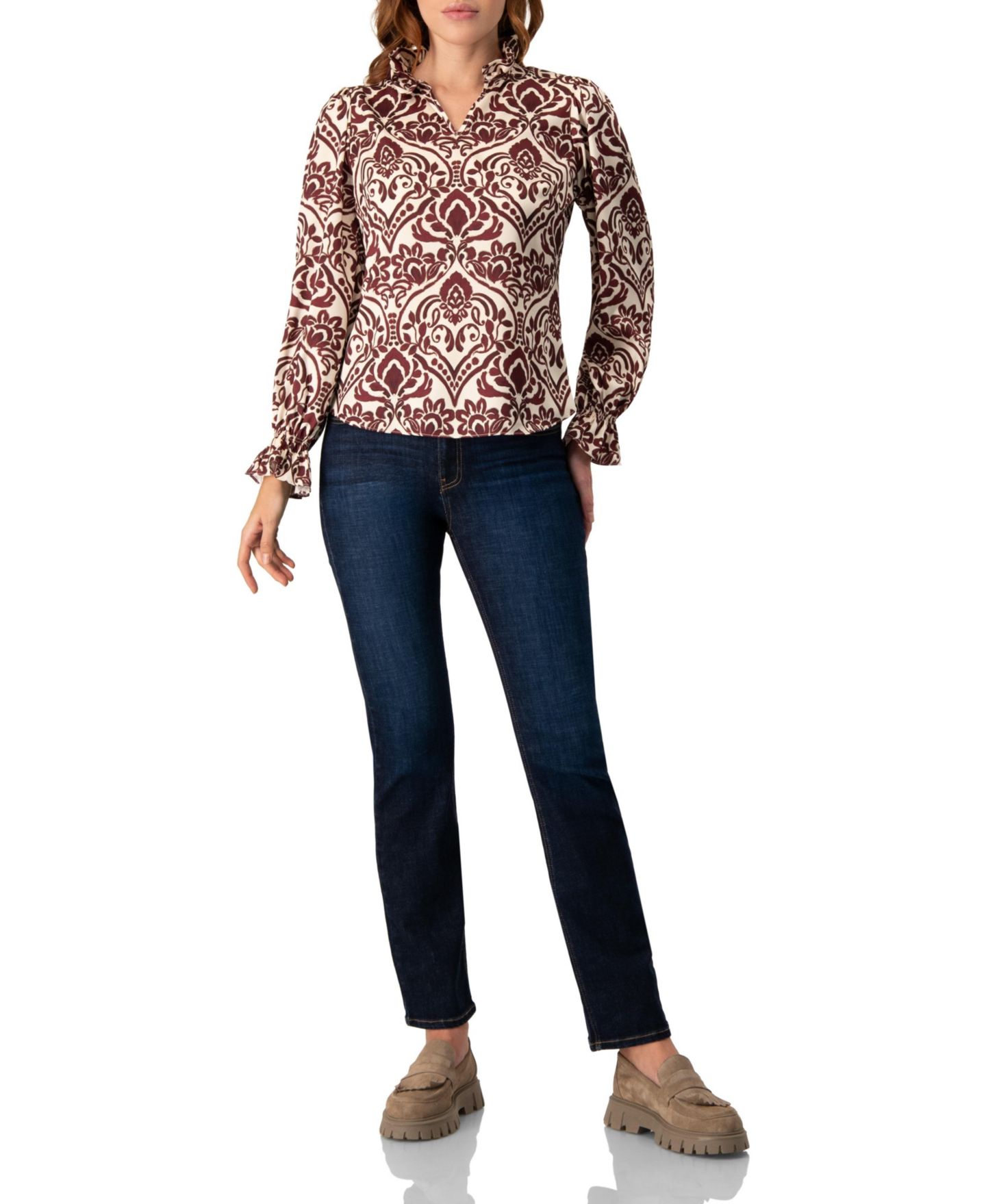Женская блузка Ivonne Ruffled V-Neck Abstract Blouse Top, цвет: Винный — фото 3